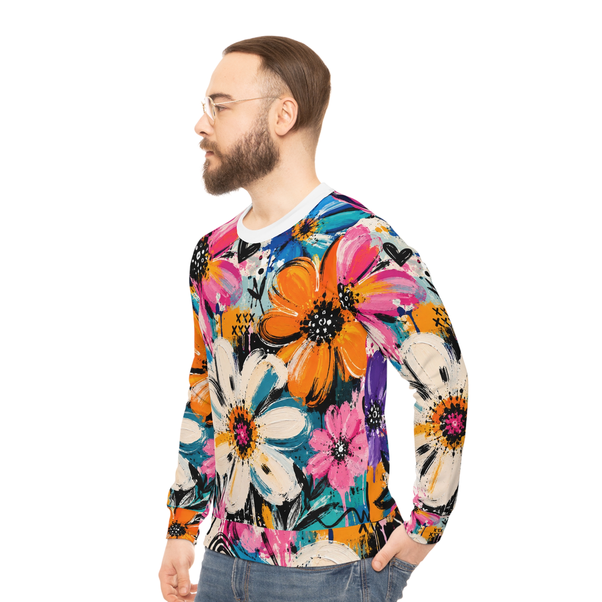 Floral Pop All-Over Print Sweatshirt — Vibrant Painterly Flowers Crewneck - Image 6