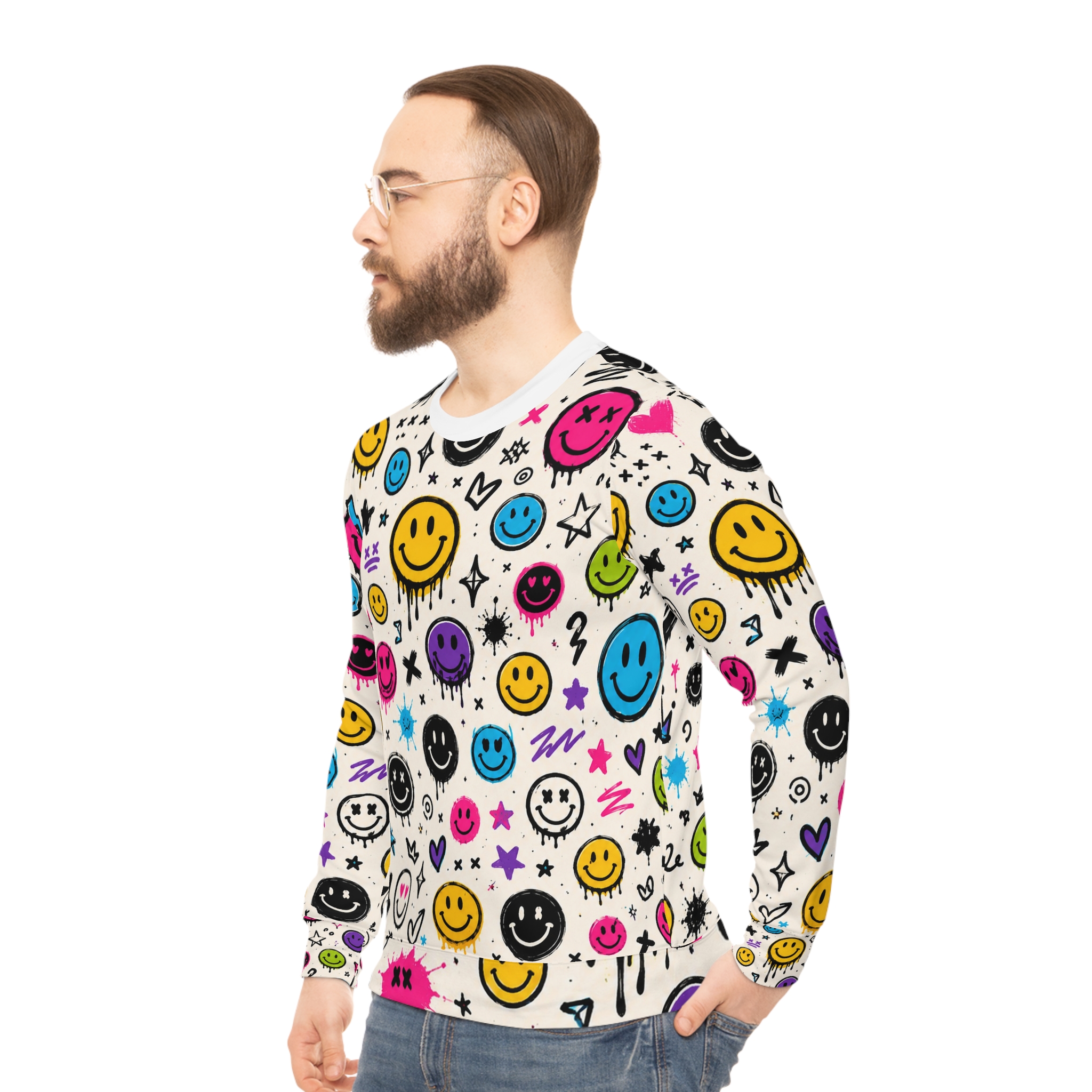 Smiley Graffiti Lightweight Sweatshirt — Colorful All-Over Print - Image 6