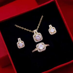 Fashion Jewelry Set Zircon Gem Pendant Chain Choker Necklace For Women Gold Color Stud Earring Statement