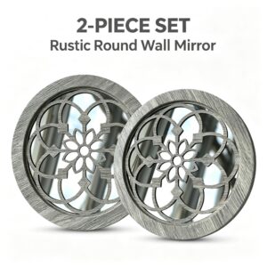 2 Pack Rustic Round Wooden Wall Mirror, Hollow Floral Carved Decorative Mirror, Farmhouse Wall Hanging Art
