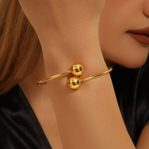 1pcs Copper Plated 18k Gold Double Headed Bead Opening Bracelet, With A Simple Temperament For Women