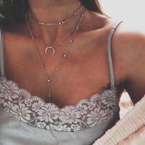 Fashion Multilayer Crescent Moon Choker Necklace With Bead Chain Initial Necklace Pendant On Neck Beads For