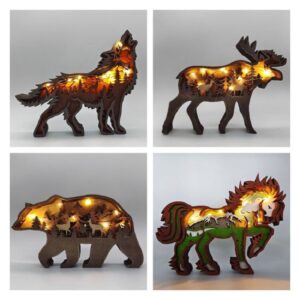 Christmas Decoration Wooden Animal Carving Handcraft Gift Wall Hanging Sculpture 3D Bear Deer Elk Art Decor
