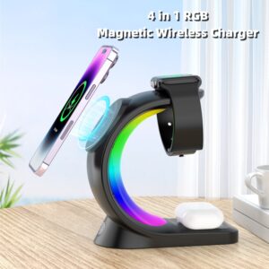 4 In 1 Magnetic Wireless Charger Fast Charging For Smart Phone Atmosphere Light Charging Station For Airpods