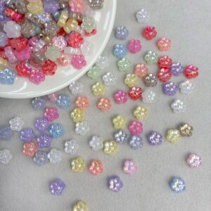Mini Acrylic 5-Petal Flower Beads With Fine Gold Glitter, Sparkly Translucent Center-Hole Charms For DIY