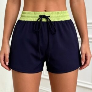 Color Block Waistband Drawstring Athletic Shorts, Loose Wide Leg Quick Dry Yoga Shorts, Casual Daily Sports