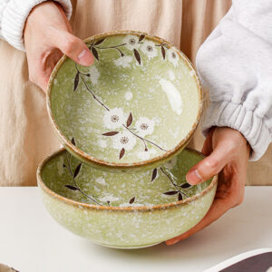 Ceramic Green Cherry Blossom Small Bowl Plate Dish Underglaze Color Japanese Rice Bowl Household Tableware
