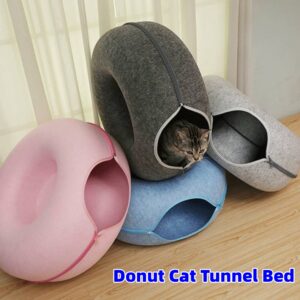 Donut Cat Tunnel Bed Pets House Natural Felt Pet Cat Cave Interactive Toys Round Wool Felt Pet Bed Cat